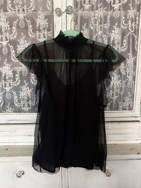 1. State Black Sheer Ruffle Mock-Neck Blouse